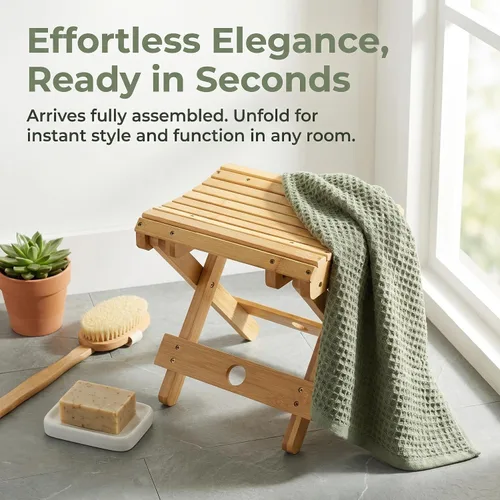 Vista 5 de Lawei Taburete plegable de bambú – Taburete de ducha de bambú de 12 pulgadas de altura, sillas de asiento de spa para ducha, afeitado de piernas