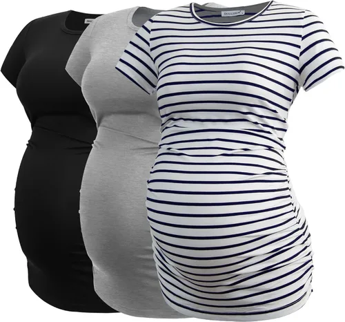 Vista 11 de Smallshow - Camiseta de maternidad para mujer, lados fruncidos, tipo túnica, prendas para el embarazo Verde militar-negro-gris profundo