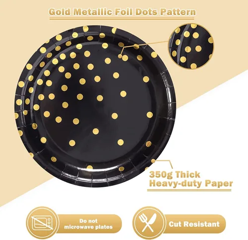 Vista 6 de Platos de papel negro y dorado, paquete de 50 unidades, 25 platos de papel de 7 pulgadas y 25 servilletas de 6.5 pulgadas, platos negros