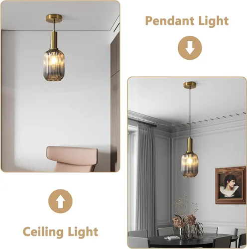 Vista 3 de KCO Lighting Lámpara Colgante Mini de Cristal Ahumado, Accesorio de Iluminación de 1 Luz Oro Cepillado, Luces Colgantes para Isla de Cocina