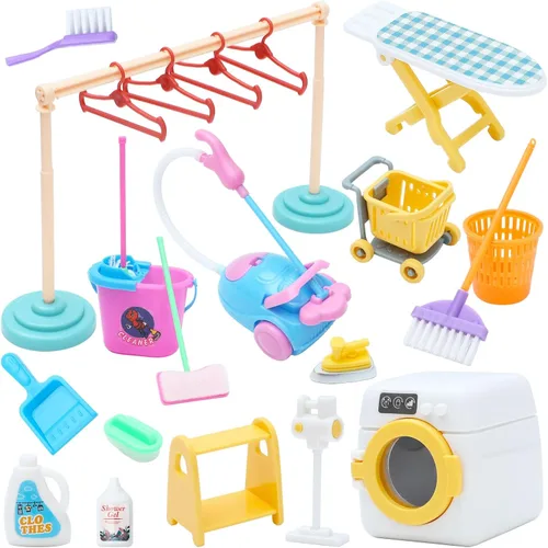 Vista 6 de ONEST - 18 piezas de suministros de limpieza para muñecas en miniatura, accesorios de decoración de muebles de casa de muñecas para muñecas