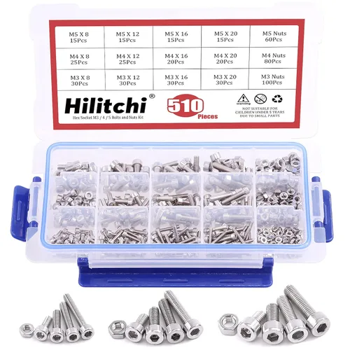 Vista 8 de Hilitchi Juego de 510 tornillos de cabeza hexagonal de acero inoxidable M3 M4 M5, cabeza de botón, tornillos y tuercas, acero inoxidable 304