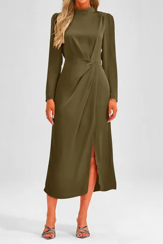 Vista 3 de PRETTYGARDEN Vestido de satén de otoño 2023 para mujer, manga larga, cuello alto, fruncido, abertura lateral, elegante, de seda, cóctel, fiesta