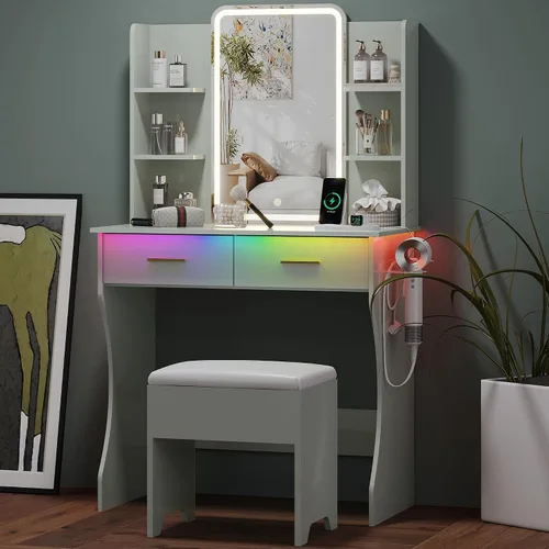 Vista 16 de HUANLEGO Pequeño escritorio rosa con espejo y luces para mujeres y niñas