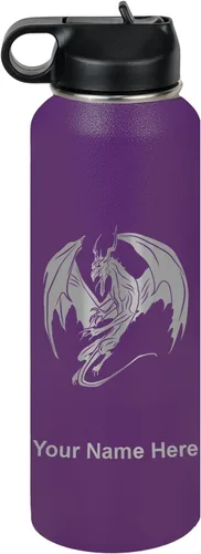 Vista 51 de LaserGram Botella de agua con tapa abatible de doble pared de 12 onzas con pajilla, dragón, grabado personalizado incluido (negro)