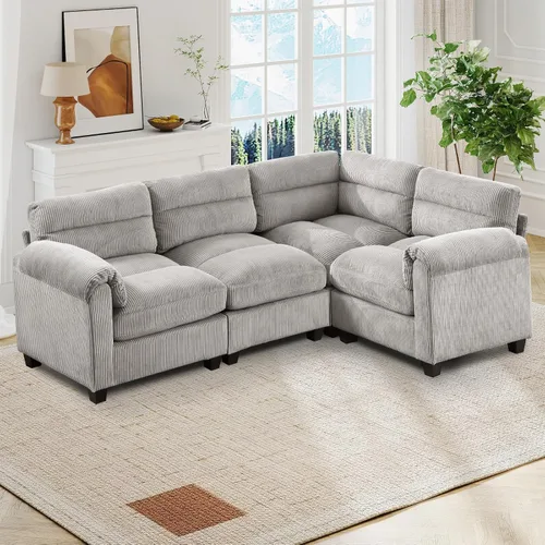 Vista 27 de HAOMARKETS Sofá esquinero modular en forma de L de 115 pulgadas con 2 otomanas móviles, sofás de pana de 8 plazas con cojín grueso para sala de Beige
