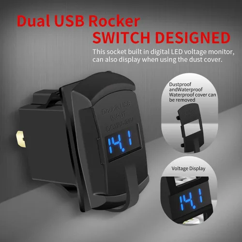 Vista 4 de DaierTek Interruptor de palanca USB marino 12V con 2 puertos de carga 4.2A, impermeable, con salida de enchufe y voltímetro digital LED azul