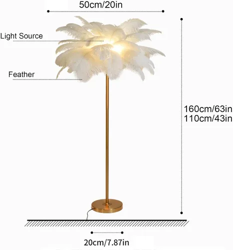 Vista 3 de Lámpara de pie moderna, pantalla de avestruz natural, lámpara de pie con luz blanca, cuerpo de lámpara dorado con cable enchufable, lámpara de pie