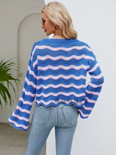 Vista 3 de Lemon Girl - Suéteres de punto a rayas con huecos, tops y mangas Dolman, suéter suelto