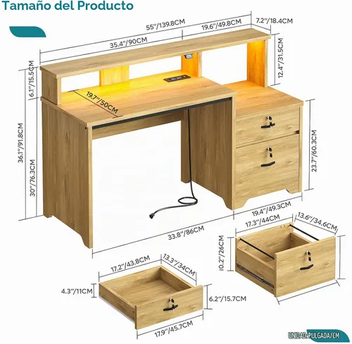 Vista 3 de Bestier Escritorio para computadora de 55 pulgadas con tomas de corriente y Roble natural