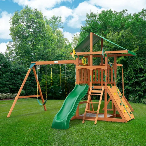 Vista 2 de Gorilla Playsets 01-1082 Avalon - Juego de columpios de madera con techo de vinilo verde de gran tamaño, barras de mono, pared de escalada