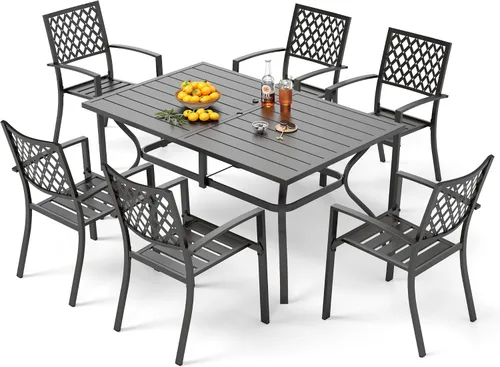 Vista 13 de PHI VILLA Juego de comedor al aire libre de 7 piezas para 6, mesa rectangular de metal negro de 60 pulgadas con agujero para sombrilla y sillas