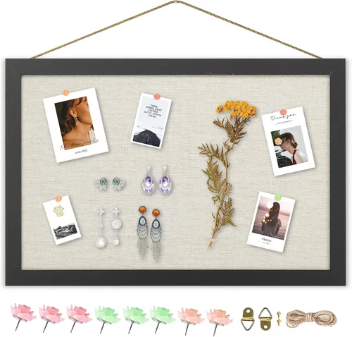 Vista 30 de AKTOP - Juego de 2 pizarras de corcho negro con lino de 16.7" X 11", pequeño tablero de anuncios con marco para pared, tablero decorativo