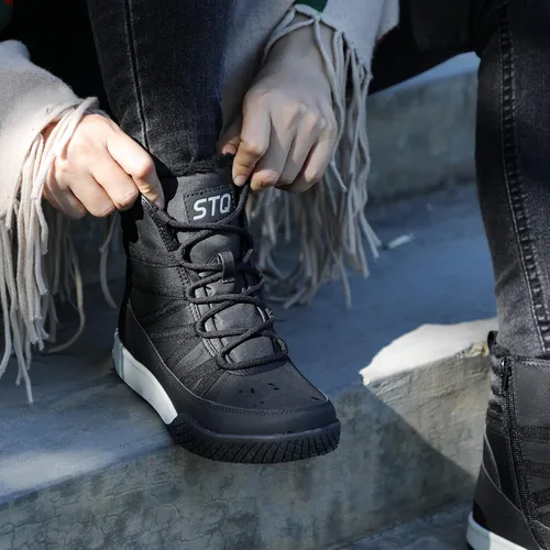 Vista 6 de STQ Botas de invierno para caminar para mujer, con cremallera, ligeras, acogedoras, botines con cordones