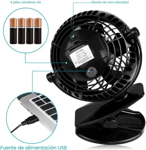 Vista 4 de Gazeled Ventilador de clip a batería, rotación de 360°, con 8 pilas AA gratis, ventilador silencioso USB o a batería, ventilador de clip portátil