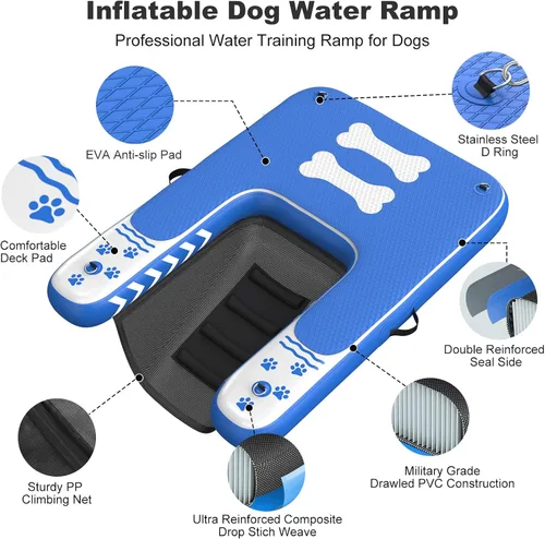 Vista 4 de Rampa inflable para perros de hasta 240 libras, plataforma flotante con espuma EVA antideslizante, segura y fácil acceso al agua, rampa para perros