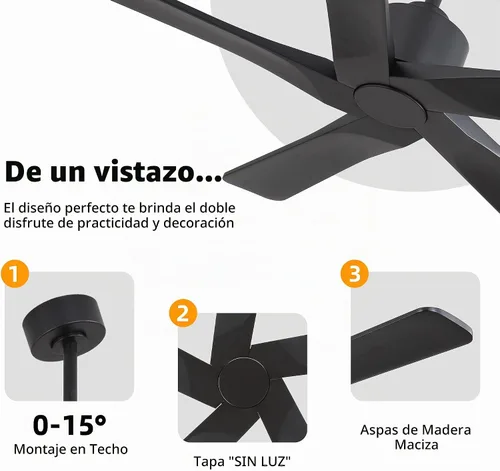 Vista 5 de WINGBO - Ventilador de techo DC de 48" sin luz - 5 aspas de madera maciza talladas, motor DC reversible de 6 velocidades, ventilador de techo sin