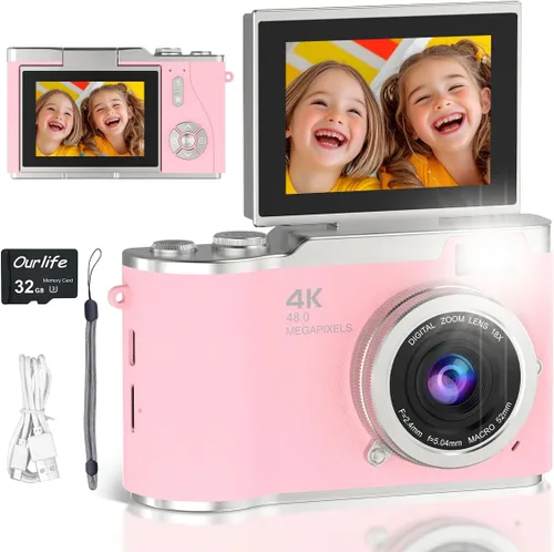 Vista 10 de Cámara digital 4K, cámara selfie de 48 megapíxeles con enfoque automático y pantalla giratoria de 180°, cámara digital compacta para niños con zoom