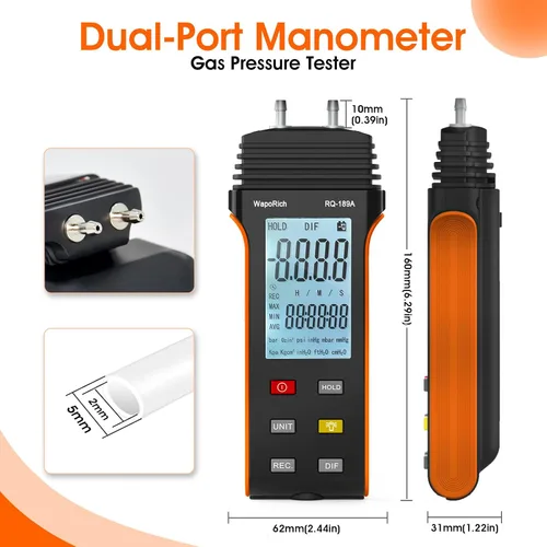 Vista 4 de Medidor de presión de gas Manometer HVAC, medidor de presión de aire manómetro de doble puerto WapoRich ±13.79Kpa/2.000Psi ±0.3% con 11