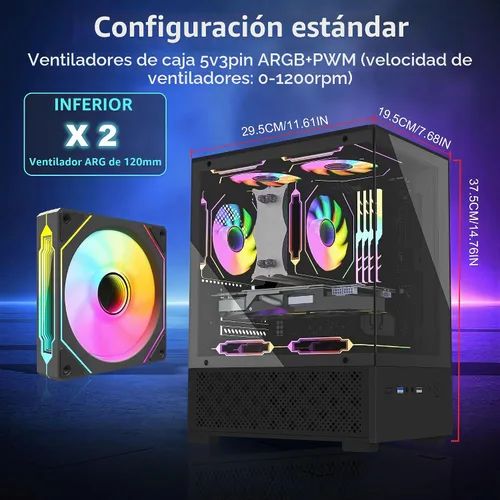 Vista 2 de Carcasa Micro ATX, carcasa MATX, ITX para PC con ventilador ARGB de 2 x 120 mm preinstalado, panel frontal y lateral de vidrio templado panorámico