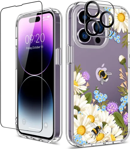 Vista 19 de Funda para iPhone 14 Pro con protector de pantalla, 6.1 pulgadas, transparente de cuerpo completo, a prueba de golpes, diseño floral, para niñas