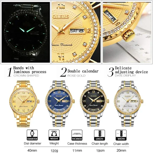 Vista 3 de OLEVS Relojes de diamantes de lujo para hombre, reloj de cuarzo impermeable, reloj de pulsera con calendario romano