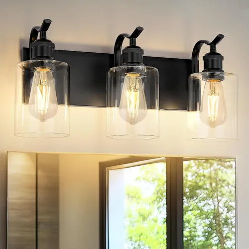 Vista 9 de Lámpara de tocador de baño de 3 luces, aplique de pared de níquel cepillado, lámpara de baño moderna con vidrio transparente, VL01BN-3 Níquel