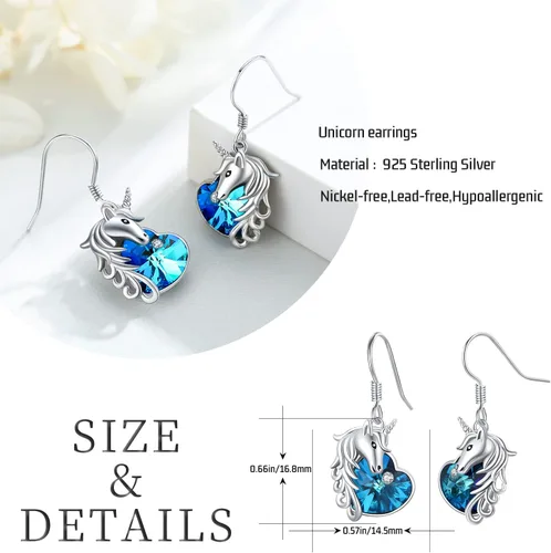 Vista 7 de Aretes de unicornio de plata de ley 925, hipoalergénicos, aretes colgantes de cristal azul, joyería de regalo de unicornio para mujeres y niñas