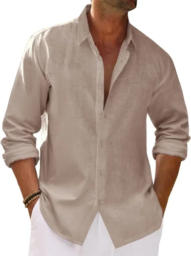 Vista 10 de Runcati Camisa de manga larga con botones para hombre, de algodón, lino, casual, con cuello, hippie, para la playa