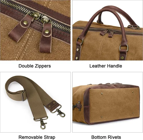 Vista 18 de S-ZONE - Bolsa de viaje de lona sobredimensionada con adornos de cuero genuino, bolsa deportiva de hombro de fin de semana, bolso de fin de semana
