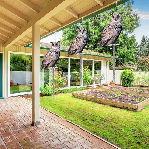 Vista 5 de Búho para mantener alejados a los pájaros, paquete de 3 búhos espantapájaros búho falso, decoración colgante reflectante para ahuyentar pájaros