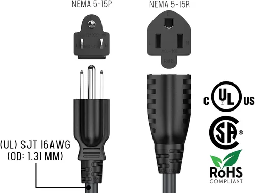 Vista 5 de Cable de alimentación de extensión de 1 pie NEMA 5-15P a NEMA 5-15R 3 clavijas, cable de alimentación de CA 16 AWG, color negro