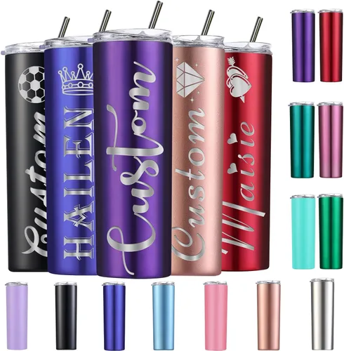 Vista 12 de Vasos delgados personalizados con tapas y popotes, vaso grabado con láser personalizado con nombre para mujer, regalo de 20 onzas, taza de acero