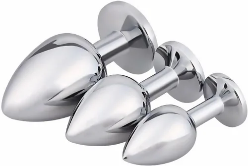 Vista 3 de AKStore 3 tapones anales fetiches de acero inoxidable con diseño de joyas lujosas para fantasías sexuales de bondage, tamaños grande, mediano y Negro