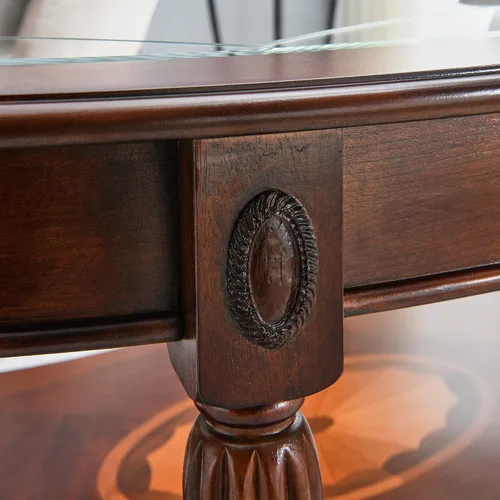 Vista 8 de Mesa de centro tradicional con parte superior de vidrio templado y estante de almacenamiento, marco de madera maciza para sala de estar, centro