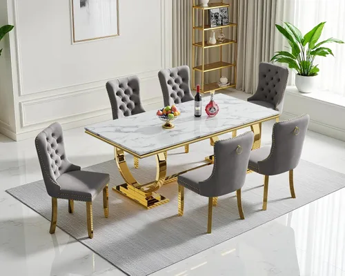 Vista 22 de Juego de mesa de comedor de mármol para 4, mesa de cocina rectangular de mármol blanco de 70 pulgadas con base en O de acero inoxidable dorado