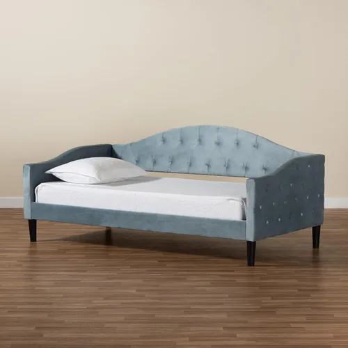 Vista 9 de Baxton Studio Benjamin - Sofá cama de tamaño matrimonial de madera con acabado marrón claro moderno y contemporáneo de terciopelo azul claro