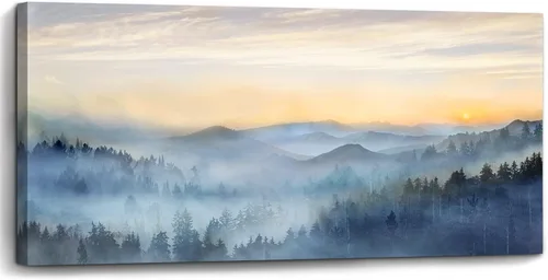 Vista 9 de Decoración de pared para dormitorio, 3 paneles, estampado de bosque brumoso con salida del sol, arte de pared para sala de estar, baño, lienzo