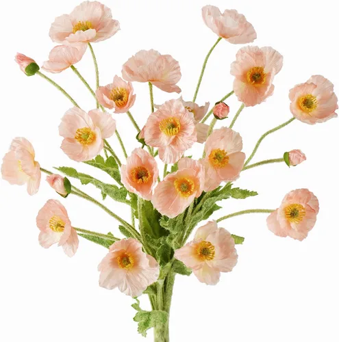 Vista 14 de FiveSeasonStuff Ramo de flores artificiales de amapolas de seda para recuerdo, hogar, boda, 22 pulgadas, 6 tallos (azul hielo antártico)