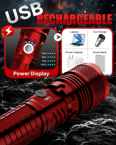 Vista 7 de Victoper Linternas LED Rojas, linterna táctica recargable de alto poder y alto lúmen súper brillante, 5 modos, con zoom, impermeable, luces de flash