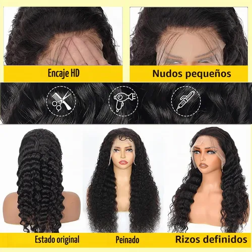 Vista 3 de Pelucas de cabello humano ondulado profundo con encaje frontal de 13 x 6 pulgadas, prearrancado, 22 pulgadas, pelucas de encaje frontal de cabello