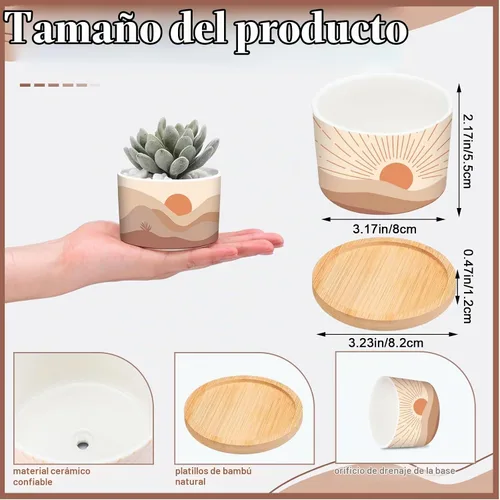 Vista 3 de Qinyoung 6 juegos de macetas Boho para suculentas, modernas macetas de cerámica con bandeja de bambú para plantas de interior, Aloe, Cactus