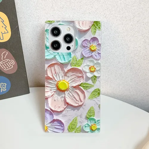 Vista 2 de Funda compatible con iPhone 14 Pro con borde rectangular, bonita funda protectora de lujo con pintura al óleo y flores para mujeres y niñas, funda