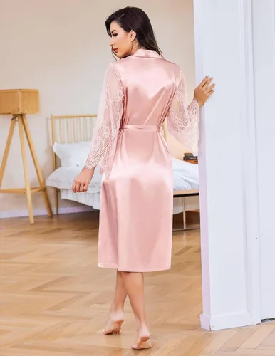 Vista 4 de Avidlove Bata tipo kimono de encaje floral para mujer, de manga larga, bata de baño, bata de novia