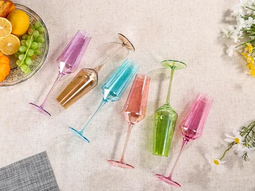 Vista 7 de comfit Juego de 6 copas de champán de colores, vasos de cristal soplados a mano grandes de 8.5 onzas, vasos de colores sin plomo, cristalería