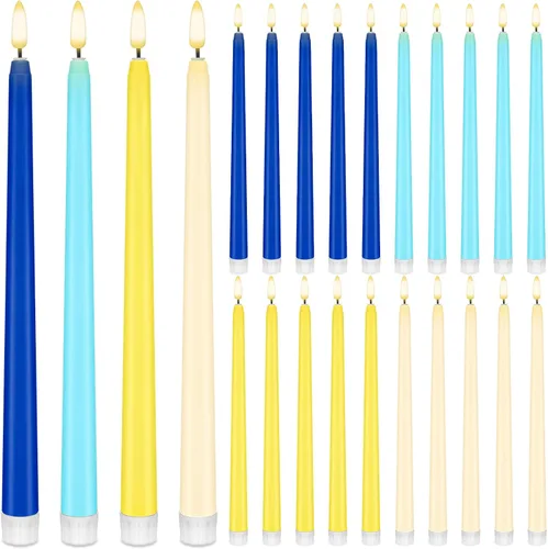 Vista 9 de Baquler 24 velas cónicas sin llama de 11 pulgadas, color rosa y verde, funciona con pilas, velas LED coloridas y parpadeantes de plástico dorado