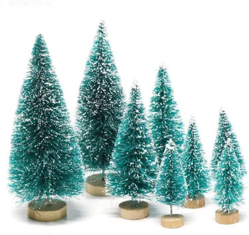 Vista 6 de 8 piezas de mini árboles de Navidad artificiales, cepillo de botella falso, árboles pequeños de pino esmerilado con base de madera, adornos de mesa