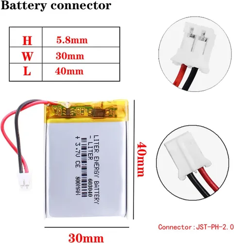Vista 2 de Liter energy battery batería recargable 603040 del polímero de iones de litio de 3.7V 800mAh con el conector PH2.0