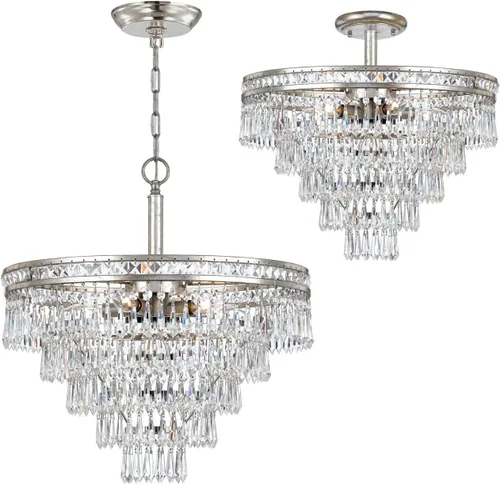 Vista 4 de Mercer - Candelabro convertible de cristal plateado con 7 luces, corte a mano, lámpara de techo - Candelabros para pasillo, sala de estar