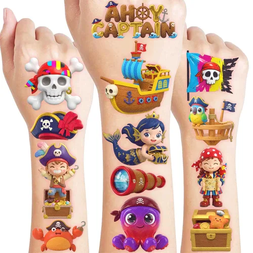Vista 10 de 96 tatuajes temporales de barco pirata precortados para recuerdos de fiesta de niños Suministros de cumpleaños con temática náutica, decoraciones